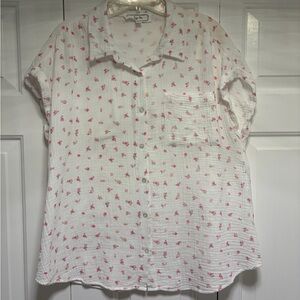 Hippie Rose White and Pink Flowers Button Down Shirt, size XL